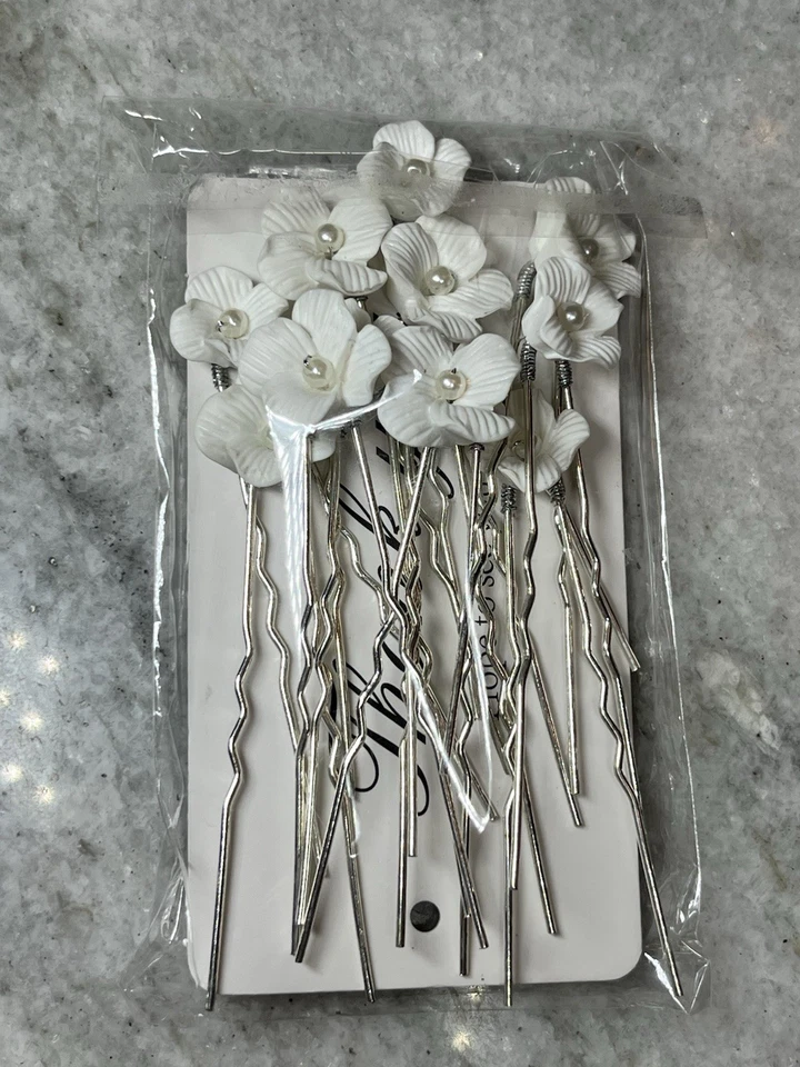 Floral Hair Bobby Pins Set of 12 White and Silver Faux Pearl Bridal Formal - Image 2 of 4