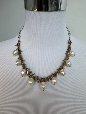 Gold Tone Leaf Fringe Faux Pearl Necklace 20  Toggle Clasp Statement Boho Chic