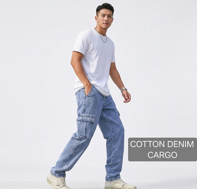 Cargo jeans for men in black , blue and yellow color
