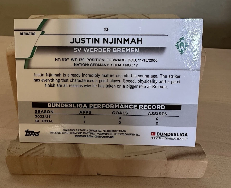 2023-24 Topps Chrome 德甲 Justin Njinmah 红色新秀 /5 Werder Bremen — 第 2/2 张图片
