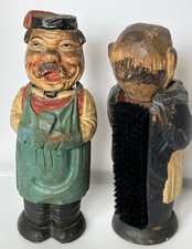 Vintage Wood Carved Figures 2 With Shoe /Coat Brushes Inside 10 Inches Japan