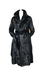 Black Glossy Real Fur Luxury Mid Length Vintage Coat By Dasco With Fur Tie Belt.
