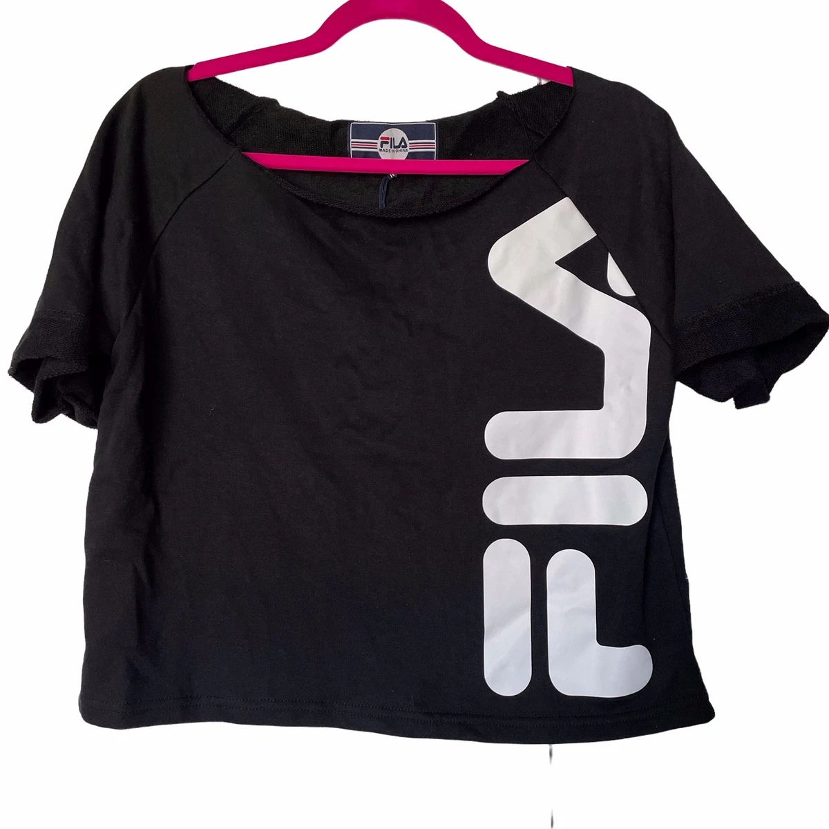 Fila Shirt Women Medium Black White Cropped Cynthia Sweatshirt Tee New eBay