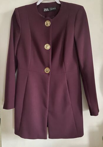 ZARA Burgundy Long Women Blazer Round buttons size SMALL