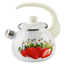 2.7qt Novomoskovsk Strawberry Enamel Kettle with Whistle Vintage Enameled Teapot