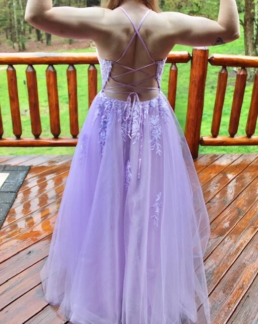 JULES CLEO SZ 12 10 PROM BRIDESMAID FORMAL DRESS PURPLE TULLE LACE LONG EUC