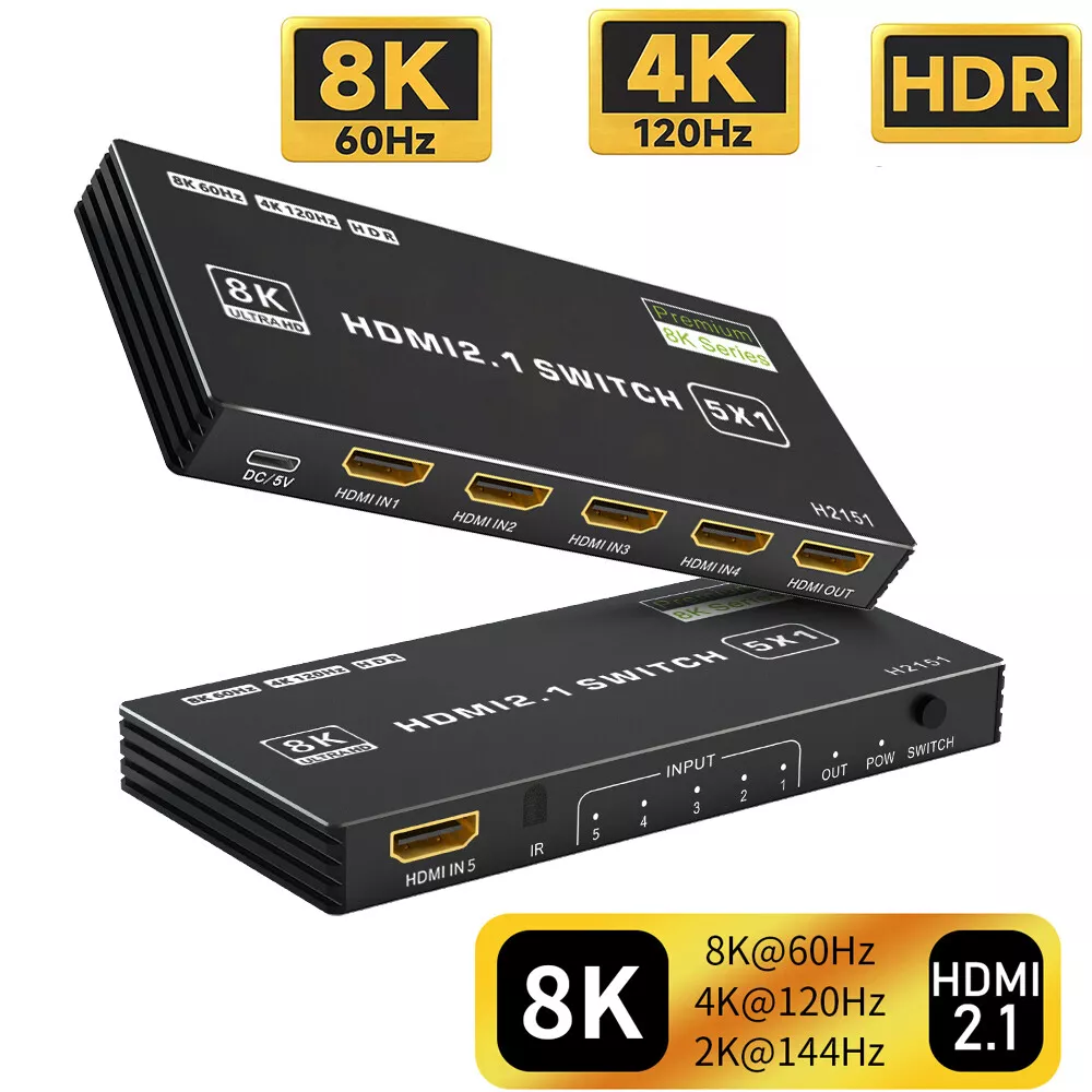 8K HDMI 2.1 Switch 120Hz 4K 4 in 1 Out, BolAAzuL 8K@60Hz HDMI 2.1 Splitter  Switcher Selector Box 4-Port with Remote 4K 120Hz 2K 144Hz, HDMI 4x1 HDR