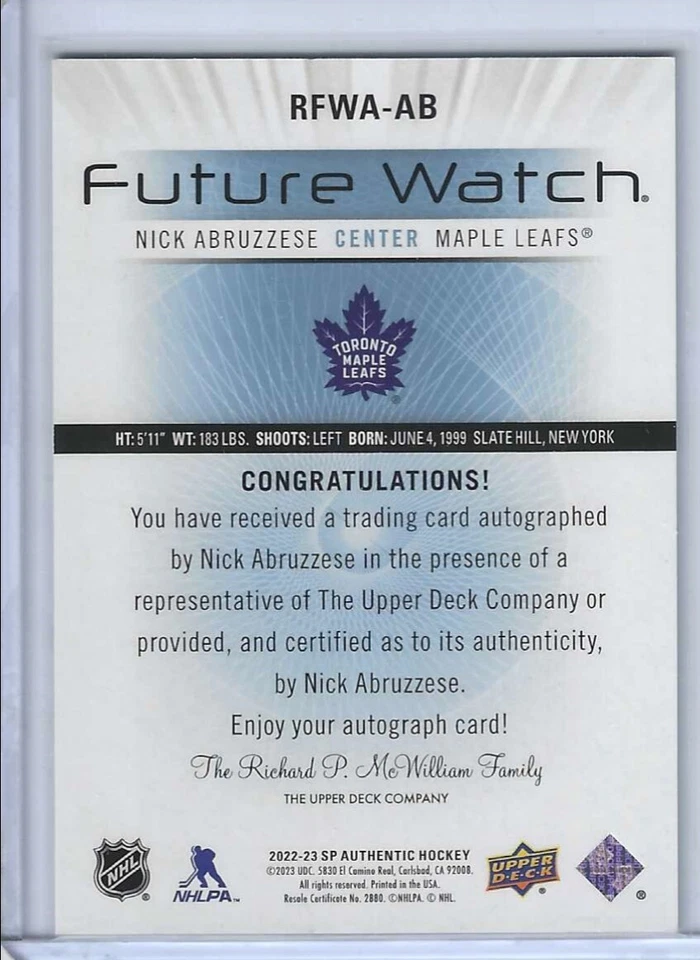 Nick Abruzzese 2022-23 SP Authentic Retro Future Watch Auto 477/699 Maple Leafs - Image 2 of 2