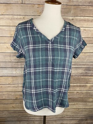 Cloth & Stone Small Plaid Blouse Muted Teal White V Neck Hi Lo Short Sleeve Top
