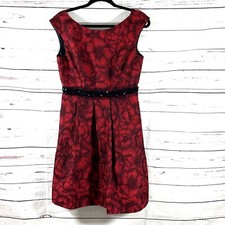 Eliza J A-Line Dress Size 6 Sleeveless Beaded Pleated Round Neck Black/Red