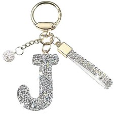 White A-Z Initials Letter Keychain Bling Sparkly Cute Pendant for Wallet Back...