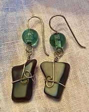 Lovely Artisan Dangle Drop Wire Wrapped Beach Glass Earrings In Neutral Tones