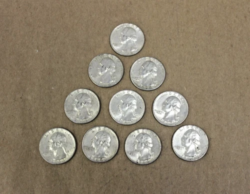 [Lot of 10] 1964 90% Silver Washington Quarter  25C, Circulated