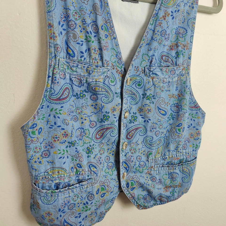 Chaleco Liz Wear Petite Vintage Mujer Pequeño Azul Paisley Floral Botón Delantero Boho Foto 3 de 4