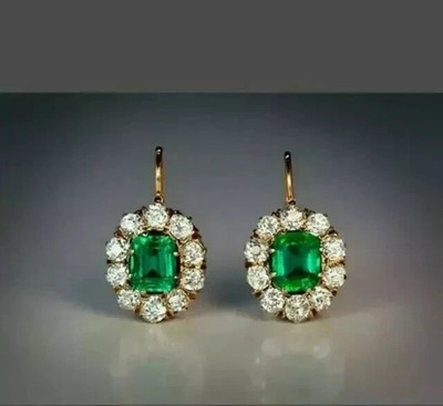 Natural Green Emerald 3.60 Ct Emerald Cut Dangle Earrings 14K Yellow Gold Solid