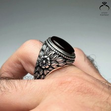 Authentic Black Yemeni Aqeeq Stone Ring Islamic 925 Silver Vintage Style For Men