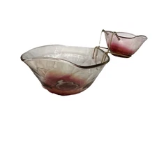 Vintage Indiana Glass Ruby Red And Clear Chip & Dip Set With Metal Holder