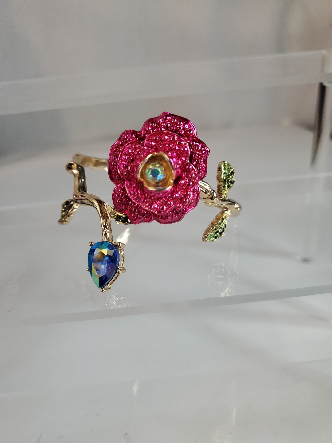 Betsey Johnson Rose Branch Crystal Rhinestone Hinged Cuff Bracelet  “New”