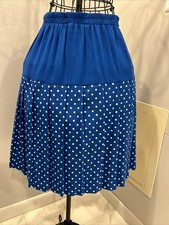 vintage 80s elastic waist pleated skirt midi Blue white polka dot Size 8
