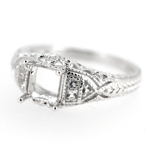 Art Deco Style 925 Sterling Silver Cushion 6x6mm Semi Mount Setting Ring - Imagen 2 de 3