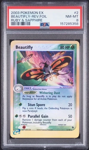 2003 POKEMON EX RUBY & SAPPHIRE #2 BEAUTIFLY-REVERSE FOIL PSA 8