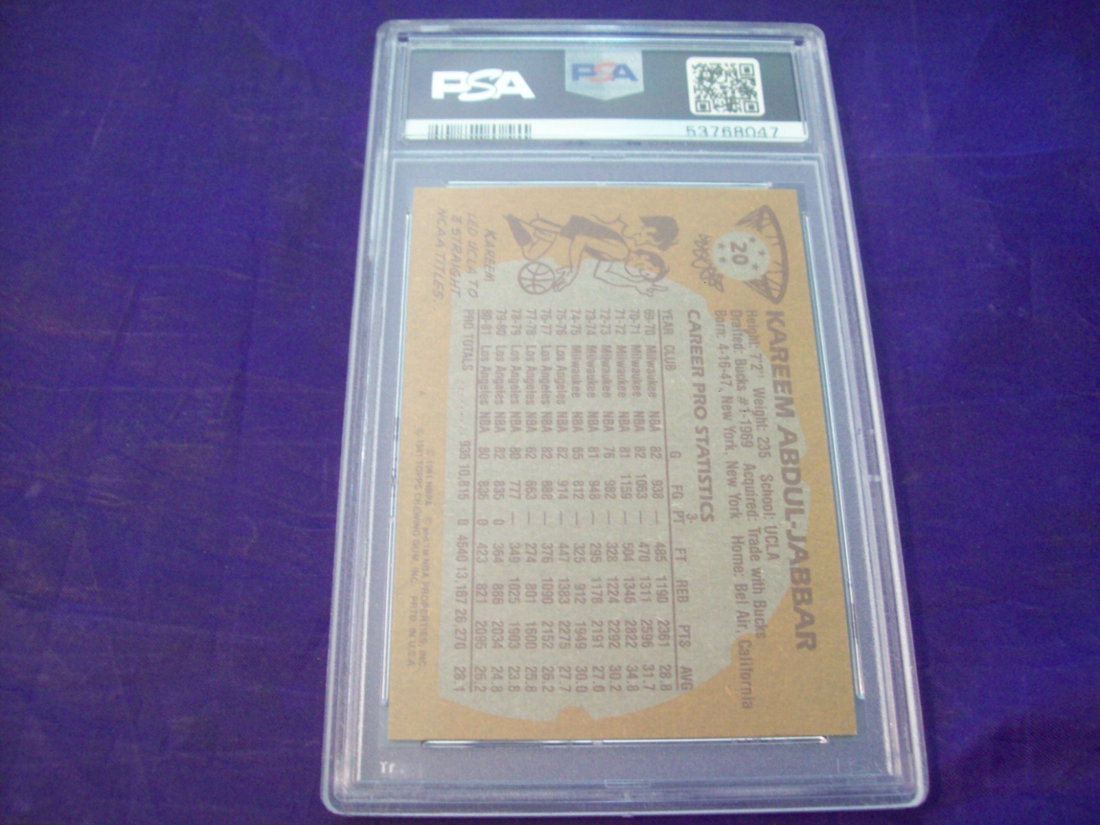 1981 TOPPS BASKETBALL #20 KAREEM ABDUL-JABBAR (8047) PSA 8 view 2