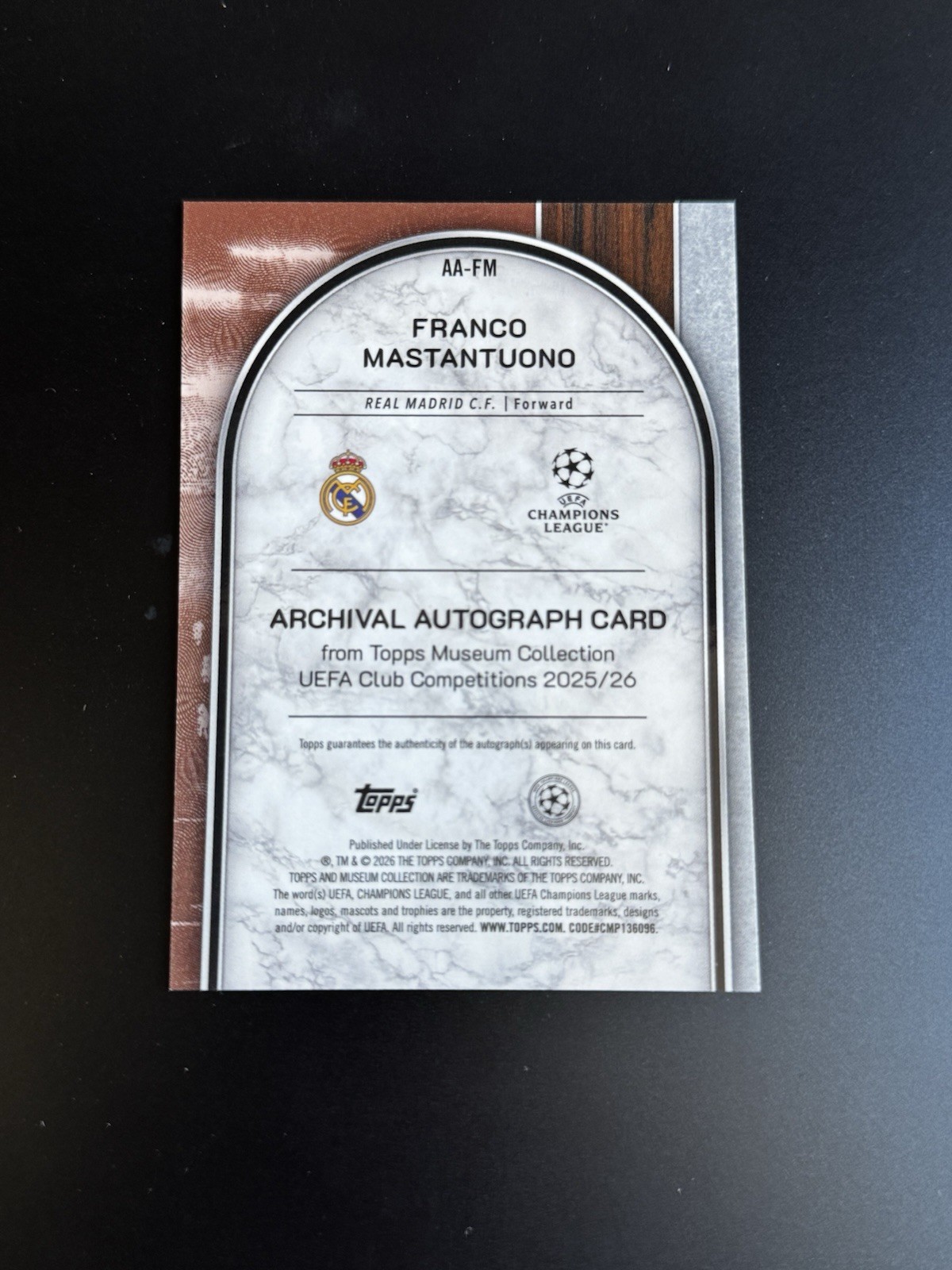 2025-26 Topps Museum UEFA Franco Mastantuono Sapphire Rookie Auto RC /150 Madrid view 2