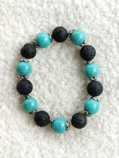 Round Black Lava Stone, Turquoise Howlite Beaded Elasticated Bracelet