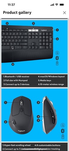 Logitech 920-008219-PB-RC MK850 Wireless Keyboard & Mouse - Black - Picture 3 of 12