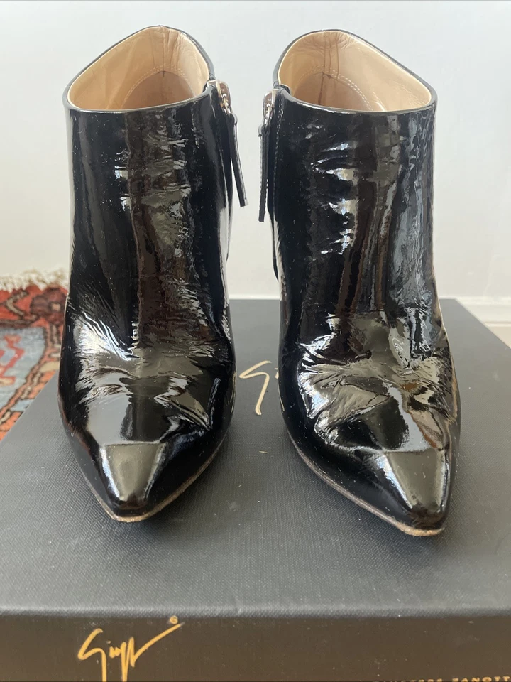 Giuseppe Zanotti Black Patent Leather Ankle Boots Booties Stiletto Heels Size 38 - Image 3 of 4