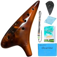 12 Hole Ocarina, Alto C, Ceramic, Strawfire Brown, Song Book, Strap, Music