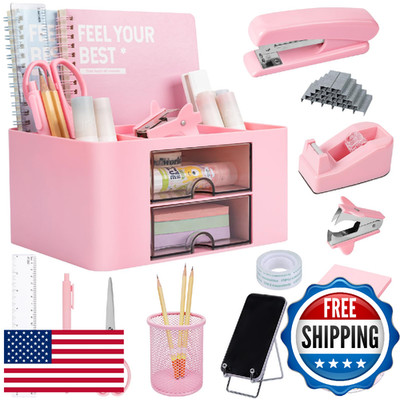 Pink Desk Organizers and Accessories 12+1Pcs, Office Supplies for Desk, Pen Orga