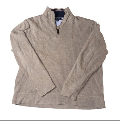 Tommy Hilfiger Pullover Men L Quarter Zip Sweater Cotton Knit Cream LARGE