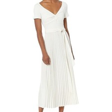 Guess Pleated Stretch Short Sleeve Cream White Erynn Midi Dress Women's Size L
