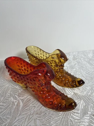 2 Pc Vintage Fenton Glass Orange And Rubi Shoes  Cat Head Hobnail Amberina 6”