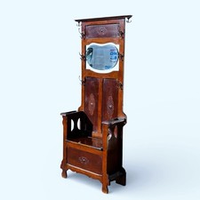 1930's Oak Coat Stand & Bench. Mirror & Shoe Cupboard With Umbrella Stands.