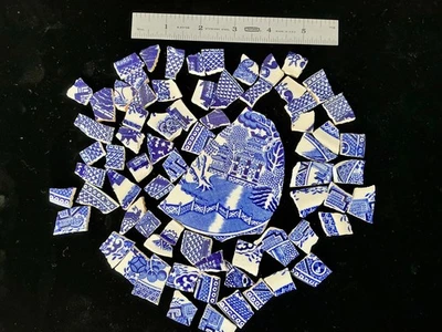 Broken China Mosaic Tiles Blue & White BLUE WILLOW Pagoda Focal & 65+ Pieces - Image 1 of 4