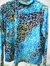 VTG 80S FIRST GLANCE HIGH NECK COLORFUL TEAL CHEETAH ABSTRACT STRETCH BLOUSE M L