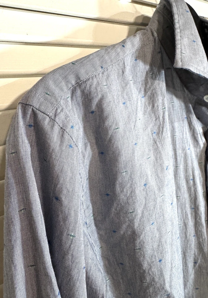 Camisa de algodón TD Thomas Dean para niños 14/16 puño abatible azul geométrico botón roto Foto 3 de 4