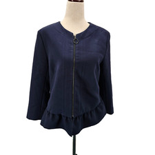 NWT Banana Republic Ruffle Hem Crepe Full Zip Blazer Navy Blue Size 4 784030