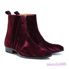 Mens Wine Red Velvet Pointed Toe Chelsea boots Ankle Boots Leather dress Shoes 