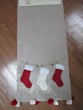  Tan Table Runner Clothesline w/Sweater Stockings & Pom Poms Christmas Holidays 