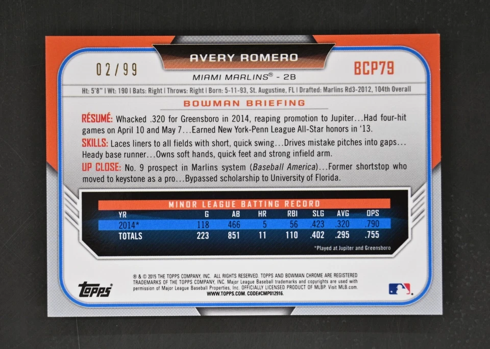 2015 Bowman Chrome #BCP79 Avery Romero /99 Green Refractor Miami Marlins - Image 2 of 2