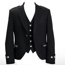 Black Argyle Kilt Jacket With Vest/Waistcoat R,S & L (Sleeve) Size US Stock