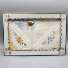 Vintage Embroidered Handkerchiefs Set of 2 In Decorative Box Never Used