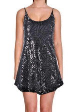 AQUA ~ Black Deco Sequins A-Line Slip Spaghetti Straps Party Dress XS NEW $128