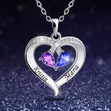 Custom Double Birthstone Name Necklace Engraved Jewelry Zirconia Heart Pendant