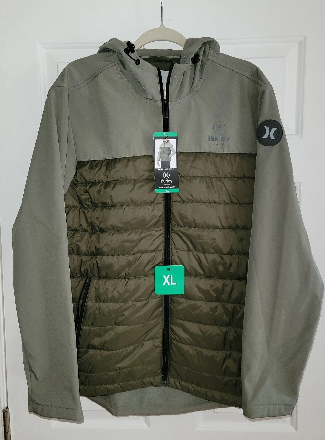 NWT Hurley Men's Jacket Army Green Windproof 3 Layer Tech. Full Zip Hooded Sz XL