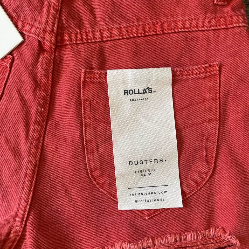 Pantalones Cortos Free People ROLLAS Tiro Alto Corte Denim Rojo/Naranja Plumeros Mujer’s 28 Foto 4 de 4