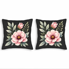 Set of 2 Decorative Throw Pillow Covers 18x18in - Elegant Black Floral Design 